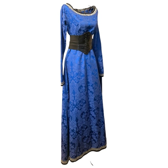 💙 Vtg Blue Brocade Victorian Maxi Gown GownS